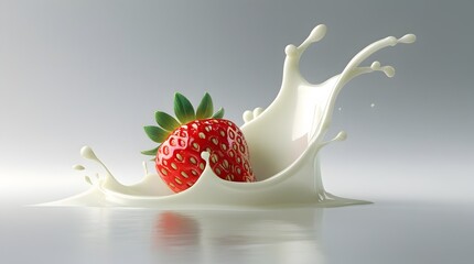 3D Render of Juicy Strawberry with White Cream Splash on Light Background