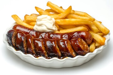 Sliced grilled sausage with BBQ sauce and crispy fries