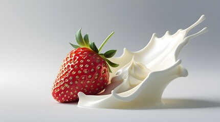 Realistic Red Strawberry Dropping into Swirling Milk or Cream