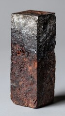 Single heavily rusted metal block displaying corrosion on a grey background
