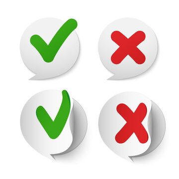 Bubble symbol with a check mark OK, cross. Message sign with green mark yes, red mark no.
