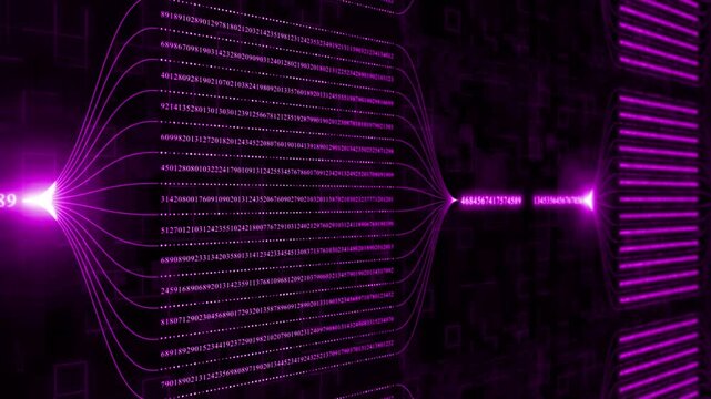 Pink color glowing big data transfer binary code hi tech design black technology background