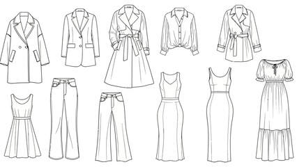 Collection of fashion flat technical sketches illustrating diverse women garments including double breasted coats trench coats button up shirts denim trousers 