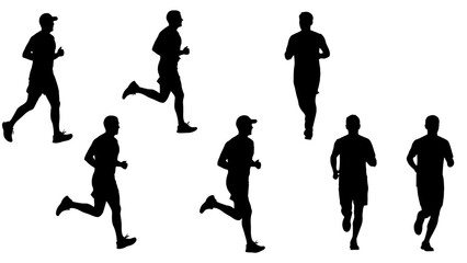Obraz premium Group of seven male runners silhouettes in various jogging and running poses showing full body side and front views in athletic motion vector figures