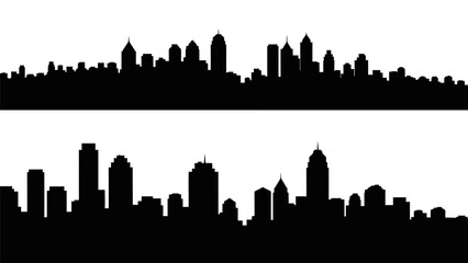Fototapeta premium Urban cityscape silhouettes set featuring two distinct layers of dense tall buildings skyscrapers and commercial structures creating panoramic background views of metropolitan development