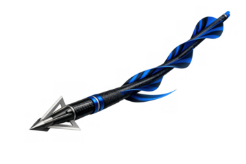 Carbon fiber arrow with blue fletching and broadhead tip, ready for archery hunting and precision sports