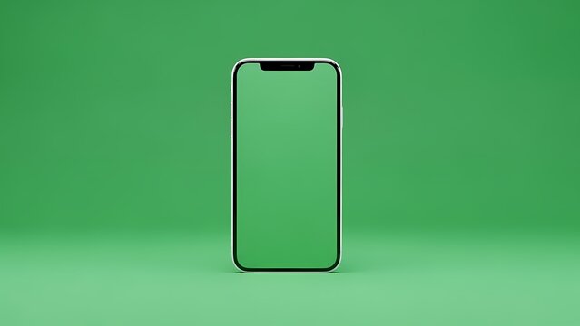 A modern smartphone with a green screen is centered against a solid green background. - Powered by Adobe