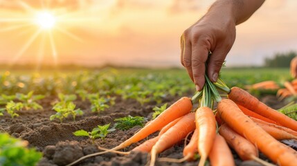 Hand harvesting carrots at sunset