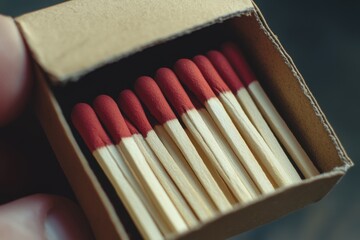 Close up view of small open matchbox filled with neatly arranged wooden matches with red tips, showing texture and detail in warm light