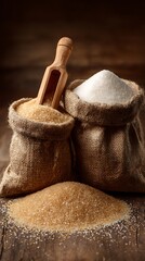 Two bags of brown and white sugar on a wooden table