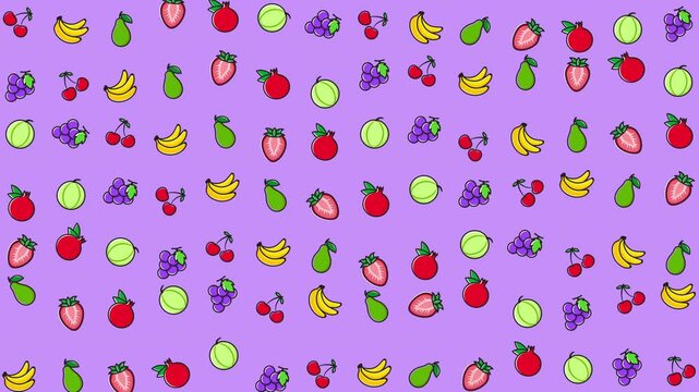 Repeating fruit pattern on purple background with bananas, pears, strawberries, grapes, apples, cherries, melons. Ideal for product packaging or kitchen decor.