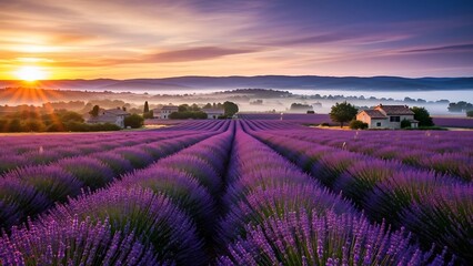 Breathtaking panorama of vibrant purple lavender fields stretching towards a serene, misty village horizon under a dramatic sunrise sky, creating an enchanting Purple Background