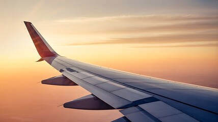 Obraz premium Airplane wing in golden hour sunset light aircraft