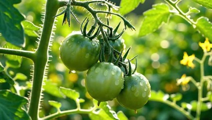 Fresh green tomatoes grow on a healthy vine in an organic garden, showcasing a lush branch and vibrant leaves during the nature-filled harvest of this agricultural vegetable crop