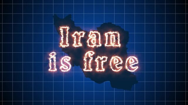 Iran is free, Text by fire. Text appears on a map of Iran.
