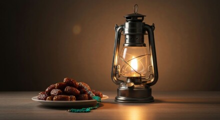 Lit lantern near plate of dates and a string of beads, warm glow