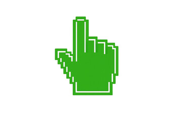 Green pixelated hand cursor pointing, selecting, and interacting with a digital interface, reflecting an 8-bit art style
