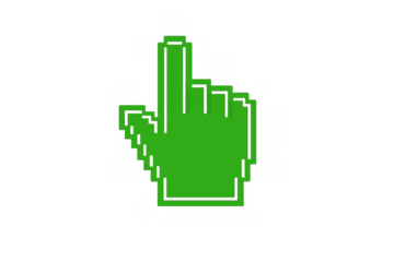 Green pixelated hand cursor pointing, selecting, and interacting with a digital interface, reflecting an 8-bit art style
