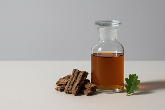 Clear glass laboratory-style bottle filled with amber oak bark extract, placed beside textured oak bark pieces and a single green oak leaf on a neutral light background, emphasizing natural herbal ext