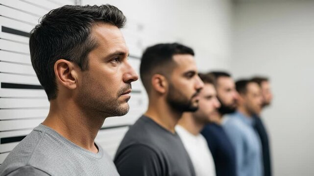 A lineup of seven diverse adult men standing side by side in a police station, showcasing varying hair colors and styles, while their expressions are serious and composed.