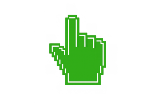 Green pixelated hand cursor pointing, selecting, and interacting with a digital interface, reflecting an 8-bit art style - Powered by Adobe