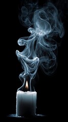 White candle burning with delicate smoke ascending against a dark void