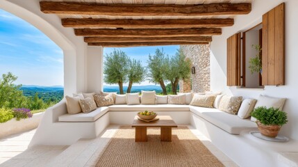 Obraz premium Mediterranean style covered terrace living area, built in masonry seating with thick linen cushions, rustic wooden beams on ceiling, view of olive trees