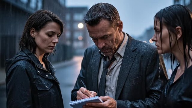Dramatic Scene of a Serious Male Detective and a Thoughtful Female Accomplice in a Rainy Urban Environment, Captured with Low Lighting and Intense Expressions