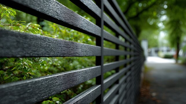Modern dark grey horizontal slat fence made of sleek aluminum or composite material used as outdoor privacy screen near blurred garden.