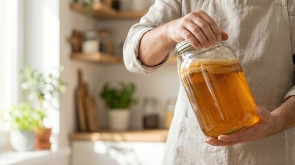 Kombucha fermentation process in a cozy kitchen, showcasing a person holding a glass jar filled with golden liquid, surrounded by fresh herbs and kitchenware, emphasizing home brewing culture