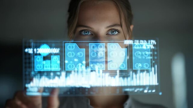 A confident woman uses a high tech virtual screen with glowing data charts and futuristic UI elements. The scene highlights innovation, digital transformation, and the future of analytics in business