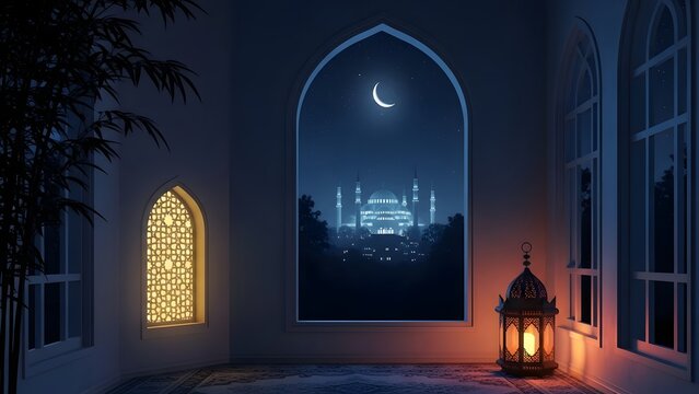 A lantern in a room with a view of a mosque through a large arched window at night