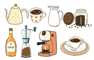 Hand-Drawn Cozy Coffee Tools and Brewing Set Illustration