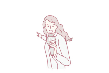 Obraz premium Journalism and breaking news concept. Surprised woman journalist standing holding microphone pointing with finger at place of news looking at camera vector illustration