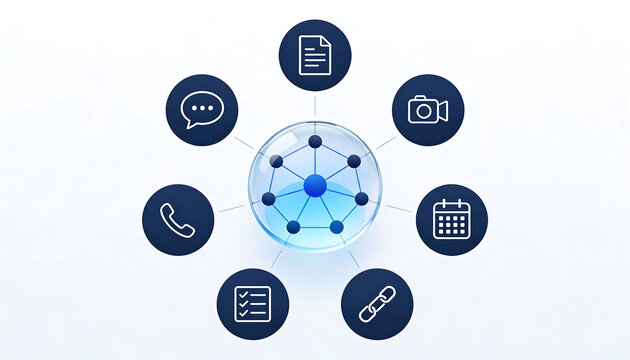 3d glass sphere network hub with minimalist digital icons for communication scheduling database management video conferencing and data connectivity on a clean white background