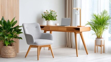 Fototapeta premium Stylish home office setup in a contemporary living space, minimalist wooden desk, comfortable upholstered armchair instead of office chair, laptop