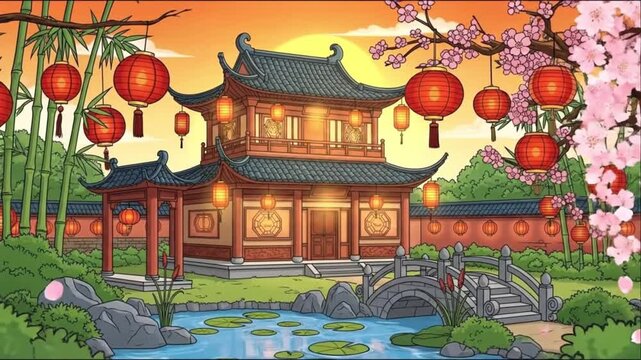 Traditional Chinese temple lantern garden illustration cartoon style