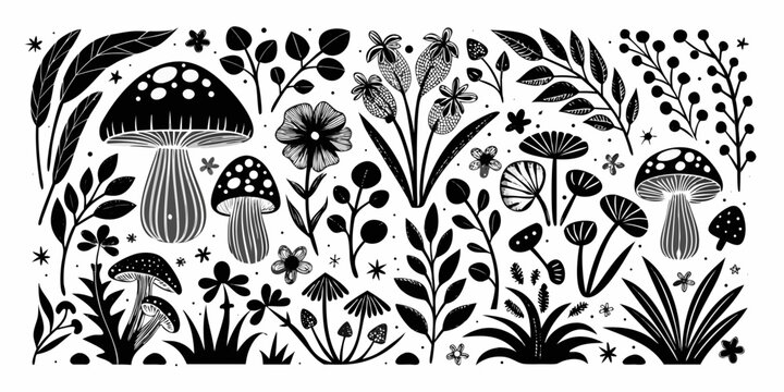 A charming black and white illustration featuring mushrooms flowers and leafy plants