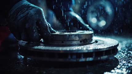 Medium shot of a mechanic inspecting brake pads on a rainy day highlighting water droplets and worn brake components