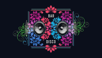 Obraz premium Vibrant floral design with powerful audio speakers, creating a captivating emblem for lively nightlife venues, discos, and entertainment events
