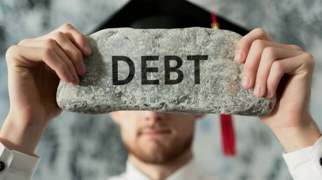 A graduate holding a stone labeled 'DEBT', symbolizing financial challenges faced by students today.