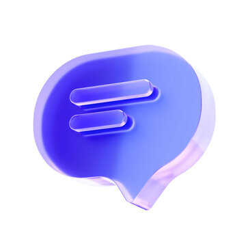 3D Glass text message icon, a speech bubble symbol indicating written content or SMS delivery. Transparent liquid Glass design icon, trending glass icon for graphic design, 3d illustration.