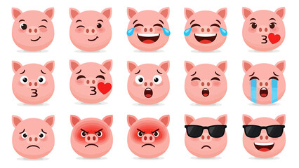 Collection of Pig Emojis Expressing Various Emotions and Feelings, Perfect for Digital Communication and Social Media