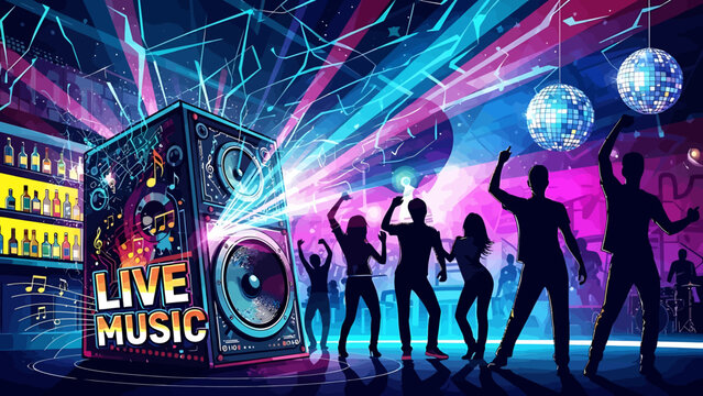 Energetic crowd dancing and enjoying live music at a vibrant concert venue with disco balls and colorful lighting - Powered by Adobe