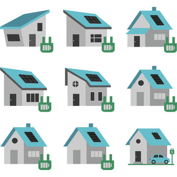 set of solar powered houses 2d cartoon model in flat color block vector illustration