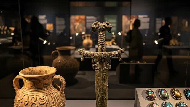 Ancient Artifacts Exhibit Featuring Intricate Ceramics, Bronze Sword, and Decorative Objects in Museum Display Cases