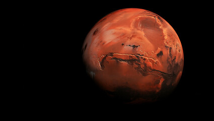 Mars red planet isolated on black background showing detailed canyon systems and rocky surface terrain with dramatic lighting and dark space void