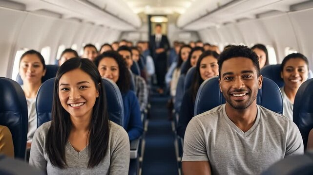 Diverse group of happy passengers aboard a commercial airplane, showcasing a blend of ethnicities, ages, and genders, smiling together on an enjoyable flight experience.