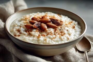 Bowl of Mondlugrautur topped with almonds, sprinkled with cinnamon. Concept of warm, inviting Icelandic festive dish with rice pudding and almond texture.