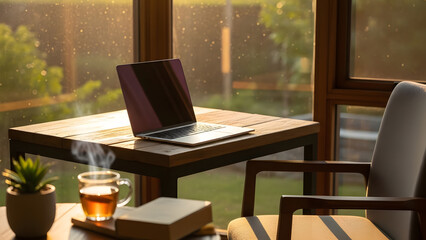 Naklejka premium A laptop sitting on a wooden table next to a steaming cup of tea during a golden sunset or sunrise